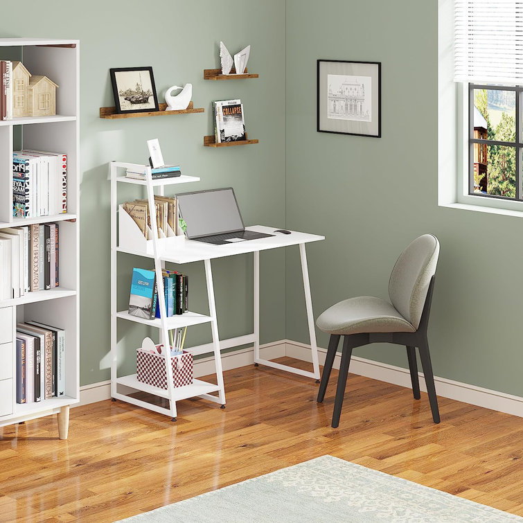 Desk with outlet shelves above